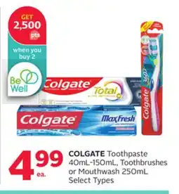 Rexall COLGATE Toothpaste 40mL-150mL, Toothbrushes or Mouthwash 250mL offer
