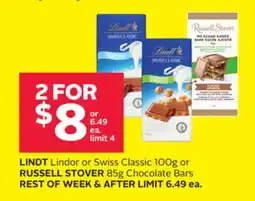 Rexall LINDT Lindor or Swiss Classic 100g or RUSSELL STOVER 85g Chocolate Bars offer