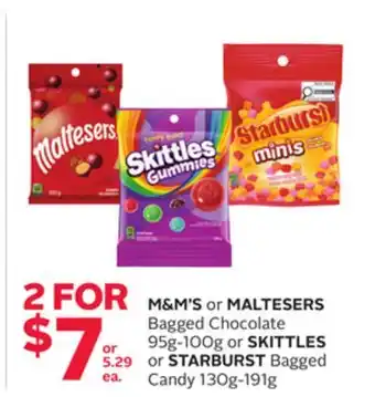 Rexall M&M'S or MALTESERS Bagged Chocolate 95g-100g or SKITTLES or STARBURST Bagged Candy 130g-191g offer