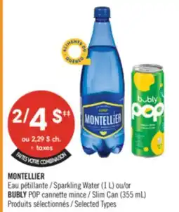 Pharmaprix Montellier Sparkling Water (1 L) or Bubly POP Slim Can (355 mL) offer
