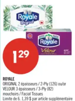 Pharmaprix ROYALE ORIGINAL 2-Ply (126) or VELOUR 3-Ply (82) Facial Tissues offer