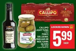 Food Basics Callipo Light Tuna, Ponti Balsamic Vinegar or Molisana Olives offer