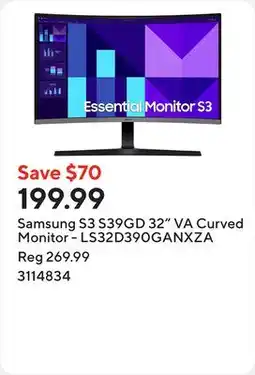 Staples Samsung S3 S39GD 32 VA Curved Monitor - LS32D390GANXZA offer
