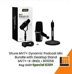 Long & McQuade Shure MV7+ USB-C/XLR Dynamic Podcast Microphone Bundle with Desktop Stand - Black offer
