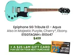 Long & McQuade Epiphone SG Tribute E1 Electric Guitar - Aqua offer