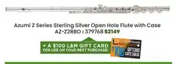 Long & McQuade Azumi Z Series Sterling Silver Open Hole Flute with B Foot, Offset G offer