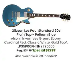 Long & McQuade Gibson Les Paul Standard 50s Plaintop - Pelham Blue offer