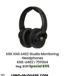 Long & McQuade KRK KNS 6402 Studio Monitoring Headphones offer