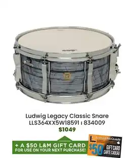 Long & McQuade Ludwig Drums Legacy Classic 6.5x14 Snare Drum - Sky Blue Pearl offer