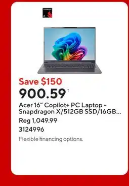 Staples Acer 16 Copilot+ PC Laptop - Snapdragon X/512GB SSD/16GB RAM/Windows 11 offer