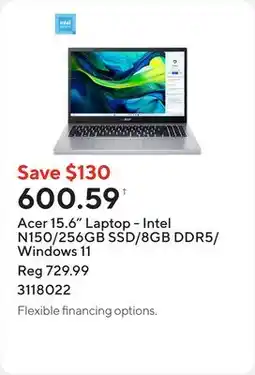 Staples Acer 15.6 Laptop - Intel N150/256GB SSD/8GB DDR5/Windows 11 offer