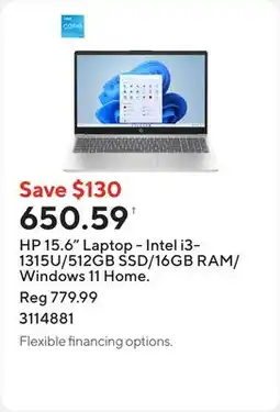 Staples HP 15.6 Laptop - Intel i3-1315U/512GB SSD/16GB RAM/Windows 11 Home offer