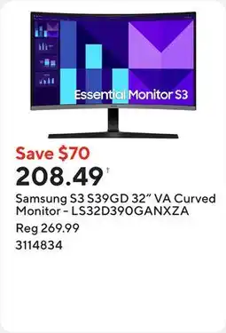 Staples Samsung S3 S39GD 32 VA Curved Monitor - LS32D390GANXZA offer