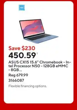 Staples ASUS CX15 15.6 Chromebook - Intel Processor N50 - 128GB eMMC - 8GB RAM - Chrome OS - Fabric Blue offer