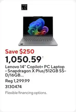 Staples Lenovo 14 Copilot+ PC Laptop - Snapdragon X Plus/512GB SSD/16GB RAM/Windows 11 Home offer