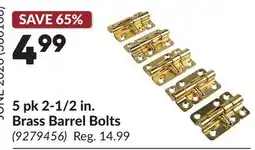 Princess Auto 5 pk 2-1/2 in. Brass Barrel Bolts offer