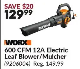Princess Auto WORX 600 CFM 12A Electric Leaf Blower/Mulcher offer