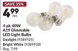 Princess Auto 4 pk 40W A19 Dimmable LED Light Bulbs offer