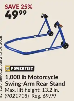 Princess Auto 1,000 lb Motorcycle Swing-Arm Rear Stand offer