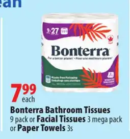 London Drugs Bonterra Bathroom Tissues 9 pack or Facial Tissues 3 mega pack or Paper Towels 3s offer