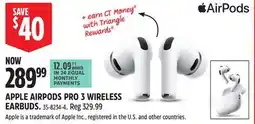 Canadian Tire APPLE AIRPODS PRO 3 WIRELESS EARBUDS offer