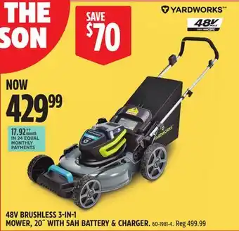 Canadian Tire YARDWORKS 48V BRUSHLESS 3-IN-1 MOWER, 20 WITH 5AH BATTERY & CHARGER offer