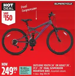 Canadian Tire SUPERCYCLE OUTLOOK YOUTH 24 OR ADULT 26, 27.5, 29 DUAL SUSPENSION MOUNTAIN BIKE offer
