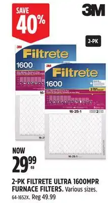 Canadian Tire 3M 2-PK FILTRETE ULTRA 1600MPR FURNACE FILTERS offer