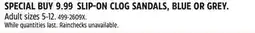 Canadian Tire SLIP-ON CLOG SANDALS, BLUE OR GREY offer