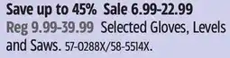 Canadian Tire Selected Gloves, Levels and Saws offer