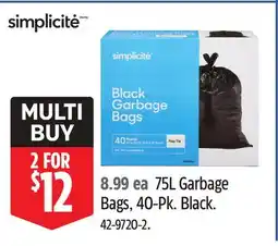 Canadian Tire 8.99 ea 75L Garbage Bags, 40-Pk. Black offer