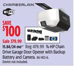 Canadian Tire CHAMBERLAIN WiFi ¾-HP Chain Drive Garage Door Opener with Backup Battery and Camera offer