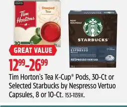 Canadian Tire Tim Horton's Tea K-Cup Pods, 30-Ct or Selected Starbucks by Nespresso Vertuo Capsules, 8 or 10-Ct offer