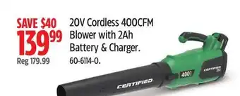 Canadian Tire 20V Cordless 400CFM Blower with 2Ah Battery & Charger offer