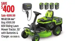 Canadian Tire 60V Riding Lawn Mower Tractor, 30 with Batteries & Charger offer