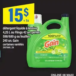 Maxi DÉTERGENT LIQUIDE À LESSIVE, 4,25 L OU FLINGS, 42 UN. PERLES 598/680 G OU FEUILLES, 240 UN. GAIN offer