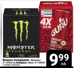 Pasquier Boisson énergisante Monster 4 x 473ml ou biologique Guru 4 x 250ml offer