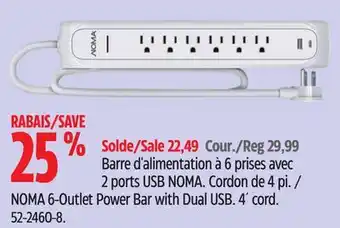 Canadian Tire NOMA 6-Outlet Power Bar with Dual USB offer