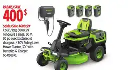 Canadian Tire 60V Riding Lawn Mower Tractor, 30 with Batteries & Charger offer