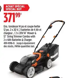 Canadian Tire WORX 2 x 20V 14 Mower & 12 String Trimmer Combo with 2 x 4Ah Batteries & Charger offer
