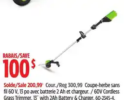 Canadian Tire Yardworks 60V Cordless Grass Trimmer. 13 with 2Ah Battery & Charger offer