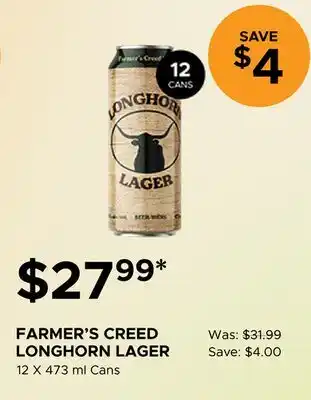 The Beer Store FARMER'S CREED LONGHORN LAGER offer