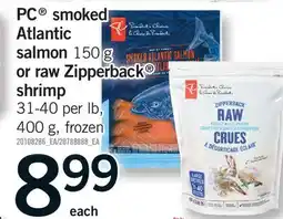 Fortinos PC SMOKED ATLANTIC SALMON 150 G OR RAW ZIPPERBACK SHRIMP, 31-40 PER LB, 400 G offer
