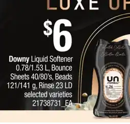 Loblaws DOWNY LIQUID SOFTENER, 0.78/1.53 L, BOUNCE SHEETS, 40/80'S, BEADS, 121/141 G, RINSE, 23 LD offer