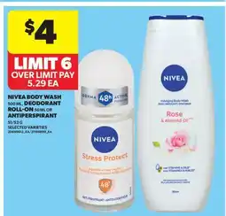 Real Canadian Superstore NIVEA BODY WASH, 500 ML, DEODORANT ROLL-ON, 50 ML OR ANTIPERSPIRANT, 51/52 G offer