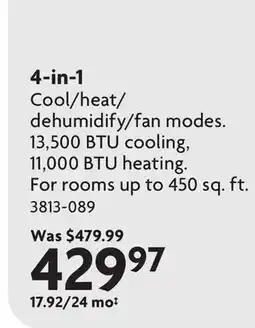 Home Hardware 4-in-1 Cool/heat/ dehumidify/fan modes offer