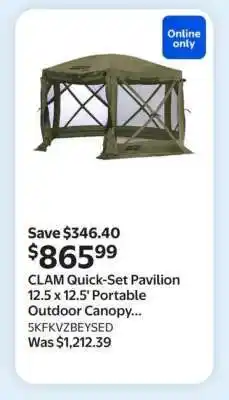 Walmart CLAM Quick-Set Pavilion 12.5 x 12.5' Portable Outdoor Canopy offer