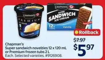Walmart Chapman's Super Sandwich Novelties or Premium Frozen Tubs offer
