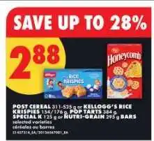 No Frills Post Cereal or Kellogg's Rice Krispies or Pop Tarts or Special K or Nutri-Grain Bars offer