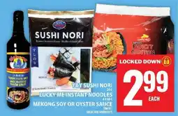 Food Basics Y&Y Sushi Nori, Lucky Me Instant Noodles, Mekong Soy or Oyster Sauce offer